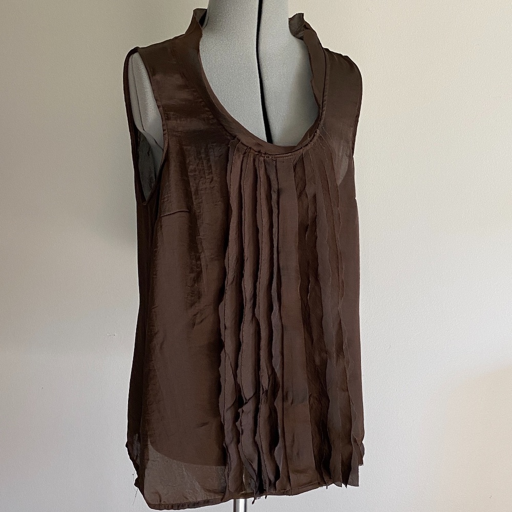 Adiva Brown Ruffled Silky Soft Shell Sleeveless Blouse Size MEDIUM